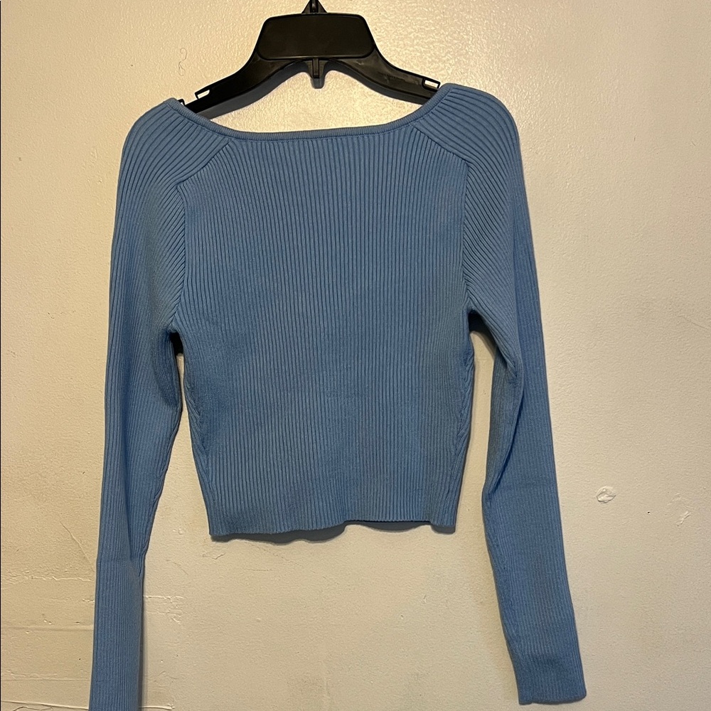 Blue Ribbed Knit Crop Top - Picture 3 of 5